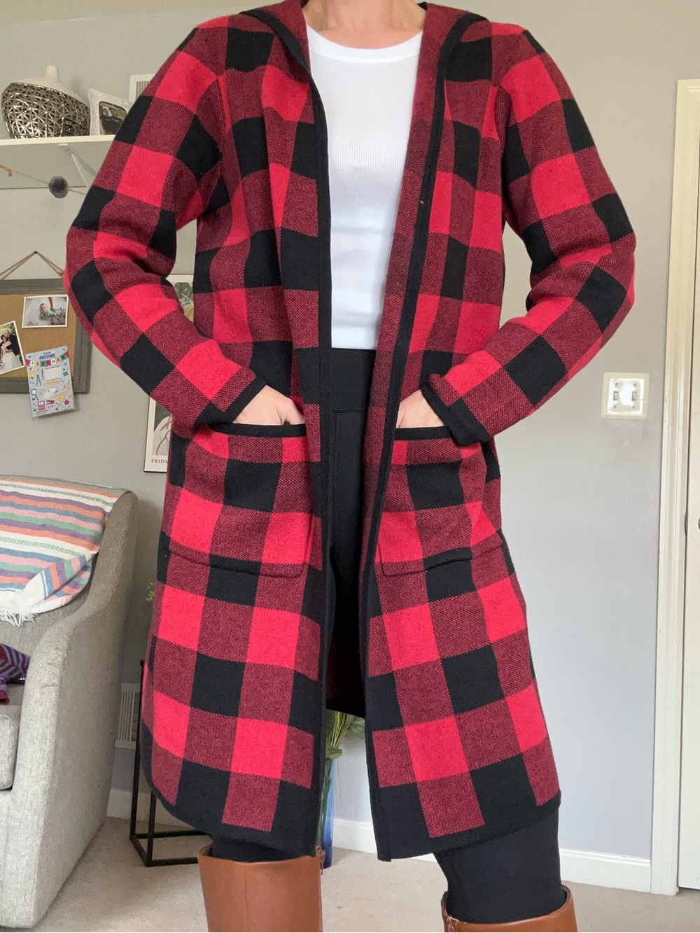 Red and Black Buffalo Plaid Open-Front Women's Sweater Cardigan